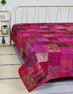 Indian Hand Crafted Pink Color Silk patchwork Kantha Quilt Bedding Throw Kantha - Image 1 of 3