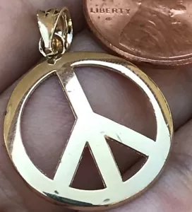 GOLd peace sign symbol pendant 14k Round solid Charm necklace gift him her 1" - Picture 1 of 13