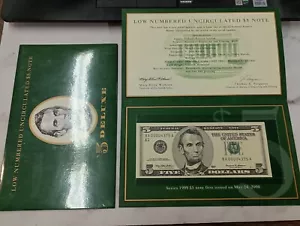 Low Numbered 1999 Uncirculated $5 Deluxe Note in BEP Folder BA 00004375 A - Picture 1 of 8