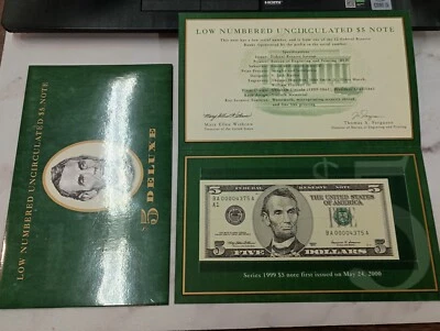 Low Numbered 1999 Uncirculated $5 Deluxe Note in BEP Folder BA 00004375 A - Image 1 of 4