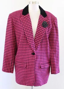 Vintage 90er Jahre Damen rosa schwarz Hahnentritt Tweed Oversize Blazer Jacke Größe 8 Retro - Bild 1 von 7