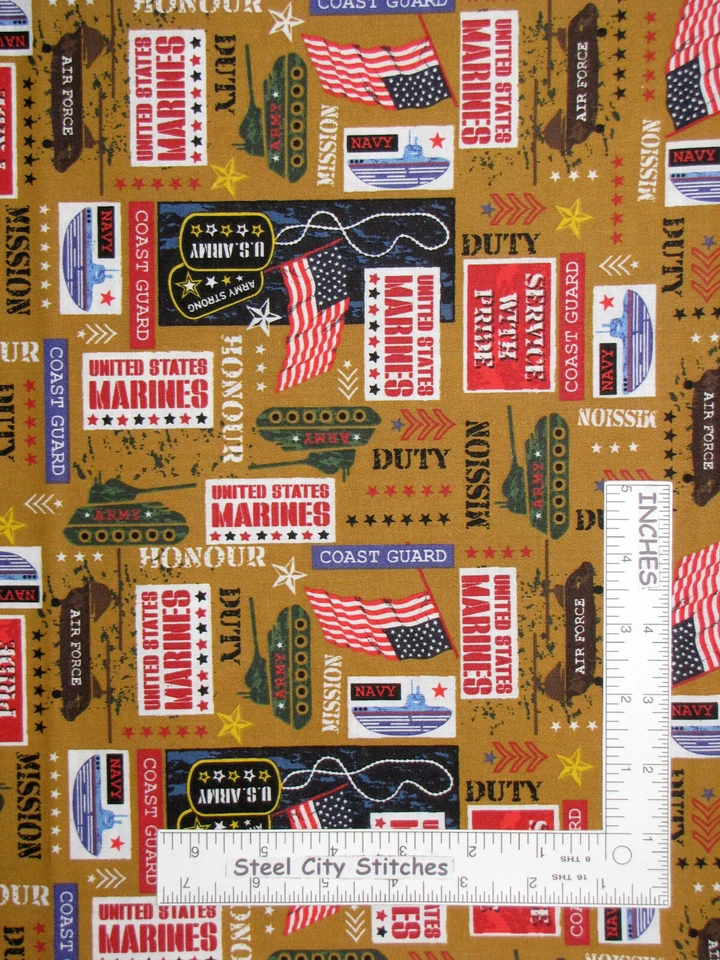 Tela Militar Ejército Marina Marines Fuerza Aérea Oro Algodón Patriótico por Yarda Foto 1 de 1