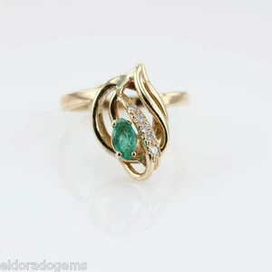 HANDGEFERTIGTER 0,35 CT. MARQUISE SMARAGD 0,10 CT. DIAMANT RING 14K GELBGOLD US7,25 - Bild 1 von 7