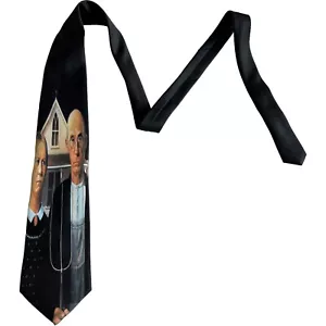 Ralph Marlin tie necktie American Gothic print novelty ties vintage 90s - Picture 1 of 5