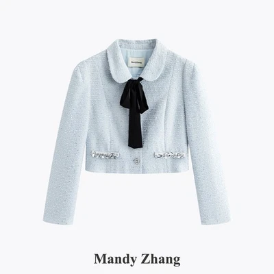 Abrigo Corto Rosa Hebilla Para Mujer Otoño Cuello Solapa Lana Tweed Calce Ajustado Conjunto Falda Foto 1 de 4