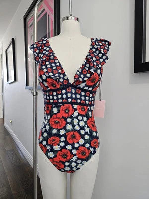 Nuevo con etiquetas Traje de baño de una pieza Juicy Couture escote con volantes en V profundo talla M rojo floral Foto 1 de 4