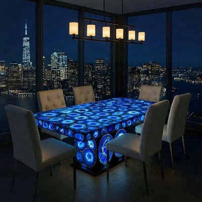 Blue Agate Dining Table – Handmade Gemstone Inlay Furniture Luxury Crystal Slab - Image 1 of 4
