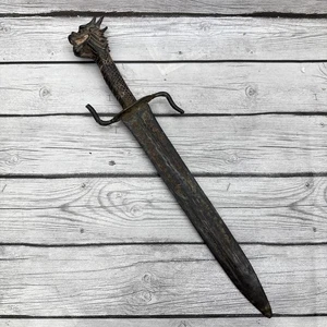 Antikes chinesisches Dynastie Schwert mit offenem Mund Drache Schlangengriff gravierte Klinge - Bild 1 von 11