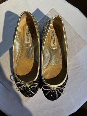 Scarpe basse Jimmy Choo nere x oro con nastri taglia 36 US circa 6 donne - Immagine 1 di 4