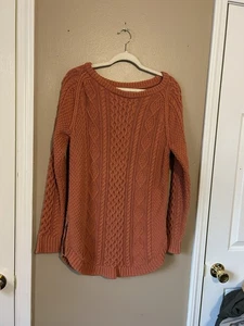 LL Bean Signature Pullover Damen Medium Tunika Fischer Grobstrick Zopfmuster Orange - Bild 1 von 11