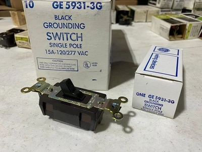 Box of 10 GE 5931-3G Black Grounding Switches Single Pole 15A 120/277VAC, NOS - Image 1 of 4