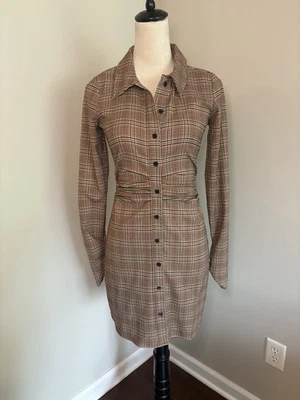 ZARA Women’s Brown Black Plaid Button Up Ruched Long Sleeve Shirt Dress Size XS - Image 1 of 4