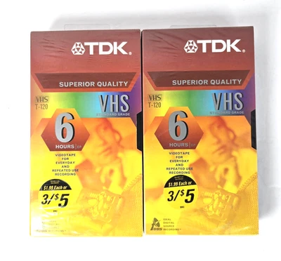 Lote de 2 cintas VHS en blanco nuevas selladas TDK T-120RV VHS grado estándar 6 horas (EP) Foto 1 de 4