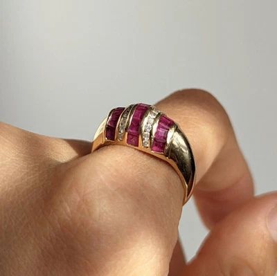 Vintage Natural Pink Ruby Diamond 14K Gold Mid Century Bombe Dome Ring Size 7.5 - Image 1 of 4