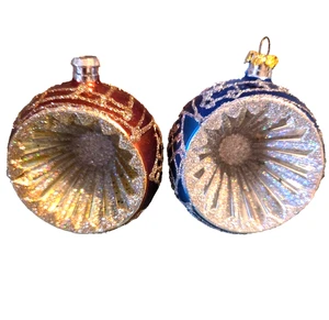 2 Vintage Starburst Indented Glass Christmas Ornaments Blue Brown Sparkly AS IS - Picture 1 of 10