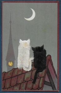 RARE ANTIQUE VINTAGE EARLY FRENCH POSTCARD BLACK & WHITE CATS c.1920s - Picture 1 of 1