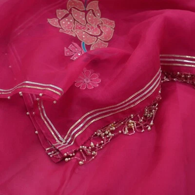 Véu bordado à mão indiano vintage Dupatta rosa estola longa pura seda organza - Imagem 1 de 4