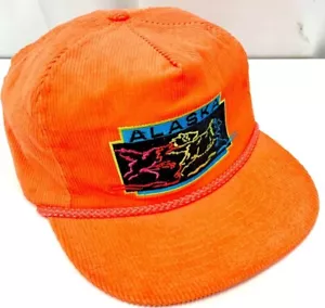 NOS New Vtg ACE Alaska NEON Orange TRUCKER Hat CORDUROY Snapback WOLVES Wolf Cap - Picture 1 of 7