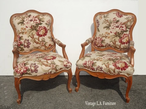 Pair of Vintage French Provincial Louis XVI Style White Floral Accent Chairs Cover