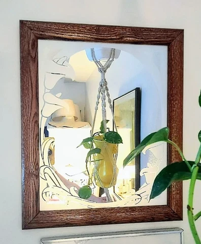 Vintage Etched Mirror Oak Frame 19.5 x 23.5 Solid Wood 1980s or 70s Cover