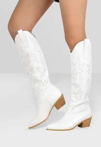 Western Cowgirl Mid Calf Boots Chunky Heels Pull On Cowboy Fashion Boots White - Picture 1 of 24