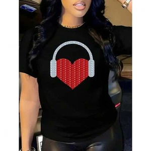 Women's Casual Black T-Shirt,Red Heart Print, Short Sleeve,Round Neck,Summer Top - Picture 1 of 12