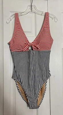 NUEVO CON ETIQUETAS J Crew Talla Grande Rojo Blanco y Azul Rayas Recortado Traje de Baño Traje de Baño L Foto 1 de 3