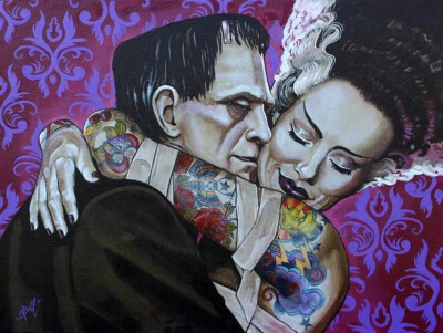 Undying Love Lowbrow Art Canvas Giclee Print Mike Bell 5 Size Frankenstein NWT - Image 1 of 3
