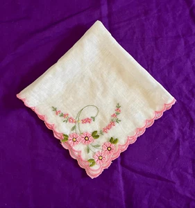 Vintage 50s 60s MCM White & Pink Flowers Floral Handkerchief - Picture 1 of 2