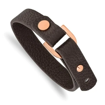 Brazalete ajustable de acero inoxidable pulido de cuero marrón IP de 8,5 pulgadas-9 pulgadas Foto 1 de 3