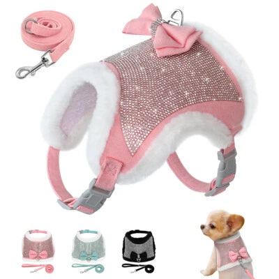 Luxury Rhinestone Dog Fleece Harness and Leash Cute Bowtie Bling Diamante Vest  - Image 1 of 4