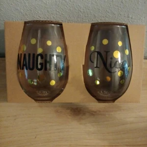 Grasslands Road 2 Stemless Wine Glasses Naughty & Nice BRAND NEW 15 oz 443 ml - Picture 1 of 2