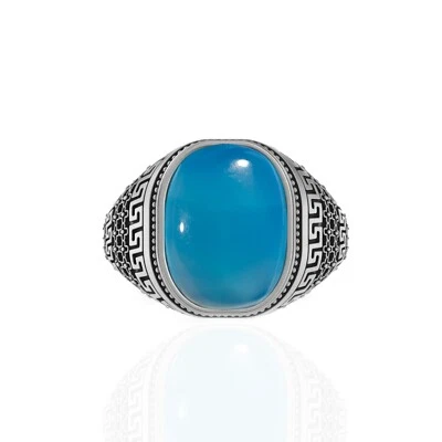 Anillo de plata esterlina 925 maciza piedras preciosas de calcedonia azul regalo para hombre Foto 1 de 4