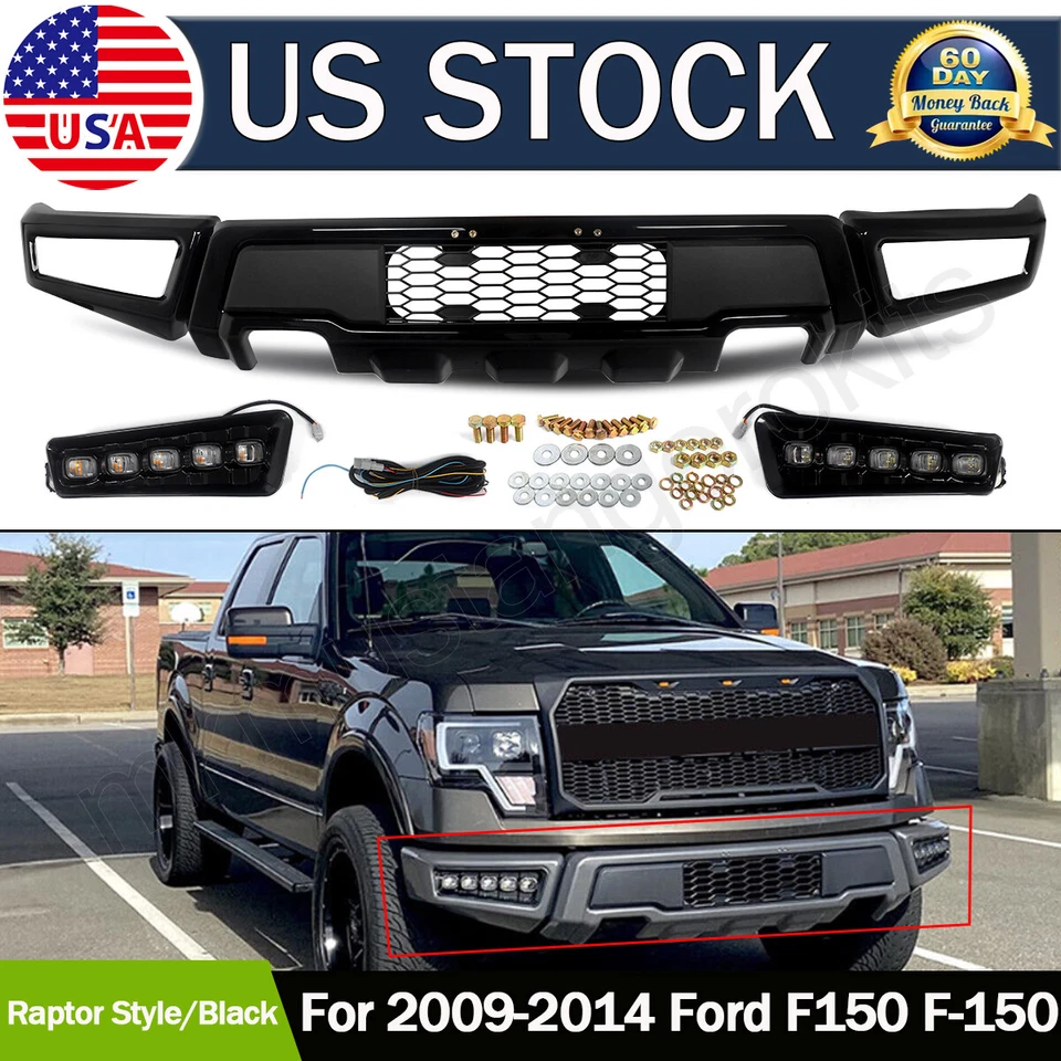Front Bumper For 2009-2014 Ford F150 F-150 Steel Black Raptor Style W/LED Lights Foto 1 de 4
