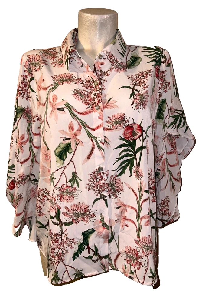 Blusa KENSIE Top Para Mujer Talla L Rosa Marfil Estampado Floral Botón 3/4 Ángel Slv Foto 1 de 4