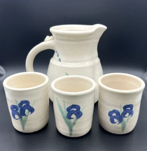 Hand Made Art Pottery Pitcher with 3 Tumblers Cups Cream with Blue Irises Signed - Picture 1 of 13