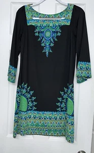 INC International Concepts Med Dress Tunic Retro Paisley Black Green Blue White - Picture 1 of 8