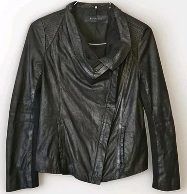 Elie Tahari Black Sheep Leather Cotton Knit Moto Jacket Asymmetrical Zip Sz... - Image 1 of 4