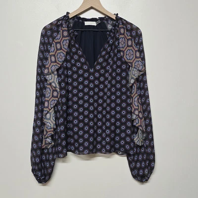 RAMY BROOK Davie Talla XS Azul Caleidoscopio Estampado Cuello en V Manga Larga Túnica Seda Foto 1 de 4