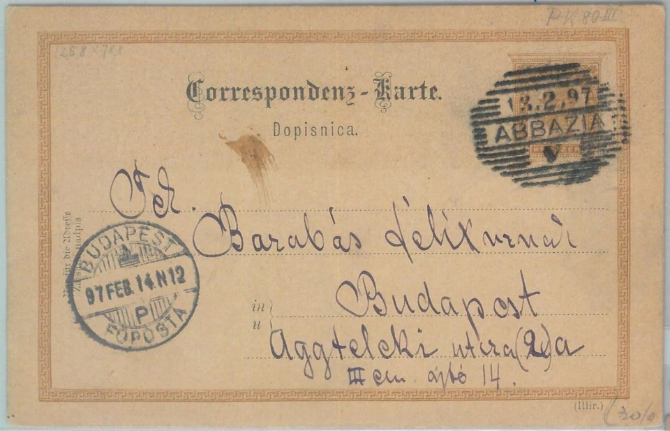 81860 - AUSTRIA Croatia - POSTAL HISTORY - STATIONERY from ABBAZIA to HUNGARY - Image 1 of 1