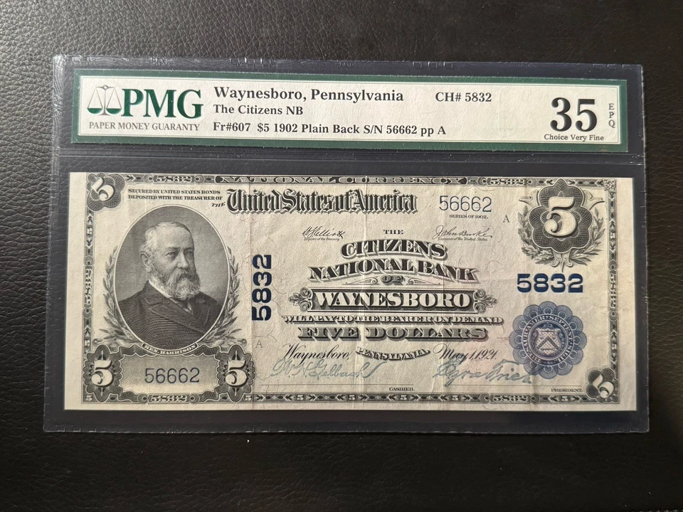 1902 $5 National Bank Note Waynesboro PA  Plain Back Fr#607 PMG 35 EPQ - Image 1 of 4