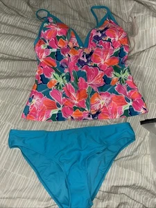 Women’s Teal Multicolor Floral Tank top Tankini Bikini Size Large NWT - Picture 1 of 6