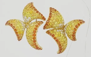 Sapphire & Diamond Pave Set Geometric Sails Earrings 18K Yellow Gold 9.6 ct - Picture 1 of 9