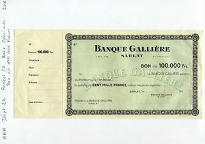 Dépt 24 - Sarlat - Rare Spécimen Bon de 100 000 Francs Banque Gallière Années 50 - Imagen 1 de 1