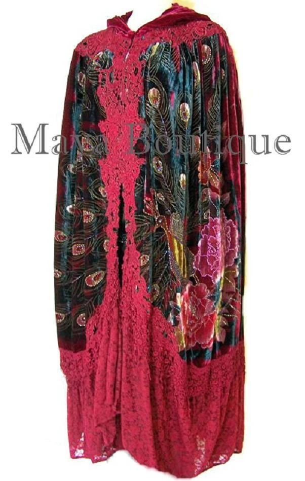 Cloak Opera Cape Peacock Victorian Rep Long Beaded Velvet Lace Lined Deep Red - Image 1 of 4