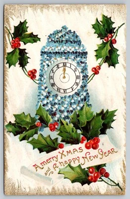 Reloj Feliz Navidad Navidad Feliz Año Nuevo Años 1910 Hecho de Flores Azules Postal Foto 1 de 2