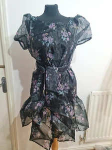 Vila Black Floral Belted Frilled Knee Length Dress Uk 12 Eu 40 New - Picture 1 of 9