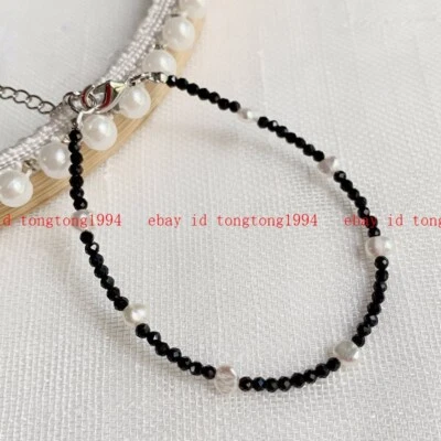 Natürliche 3mm Schwarz Spinell Runde Edelstein Weiße Perle Armband Schmuck 7.5" - Bild 1 von 4