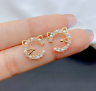 Tiny Gold Pearl Hello Kitty Cat Kitten Pave Cubic Zirconia Stud Earrings