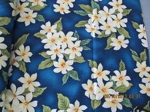 MARIANNE OF MAUI HAWAIIAN QUILTING FABRIC  DARK BLUE WITH WHITE PLUMERIA CLUSTER - Picture 1 of 1